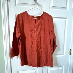 LADIES SIZE XL RUST LONG SLEEVE V-NECK DECORATIVE BUTTONS COTTON SHIRT TOP
